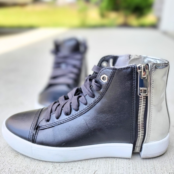 Diesel S-Nentish Sneakers Womens Zip Round Mid Trainers Metallic Silver Back Sz7 - Picture 5 of 9